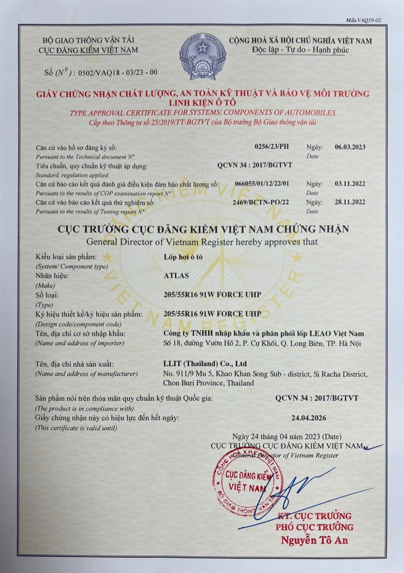 Giấy chứng nhận chất lượng lốp xe